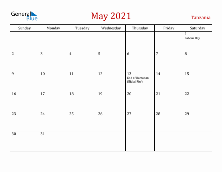 Tanzania May 2021 Calendar - Sunday Start