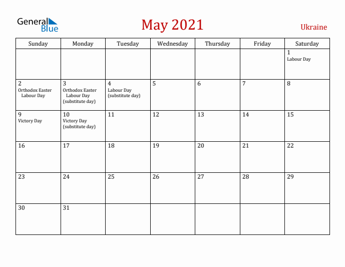 Ukraine May 2021 Calendar - Sunday Start