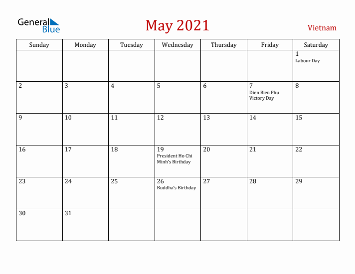 Vietnam May 2021 Calendar - Sunday Start