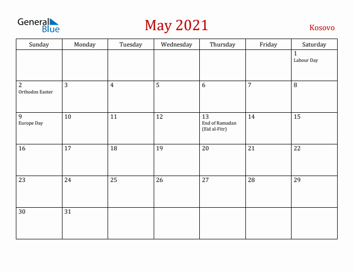 Kosovo May 2021 Calendar - Sunday Start