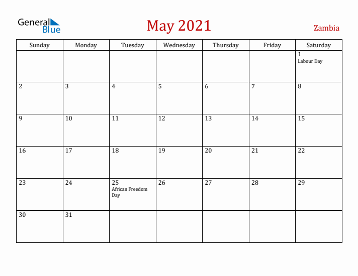 Zambia May 2021 Calendar - Sunday Start