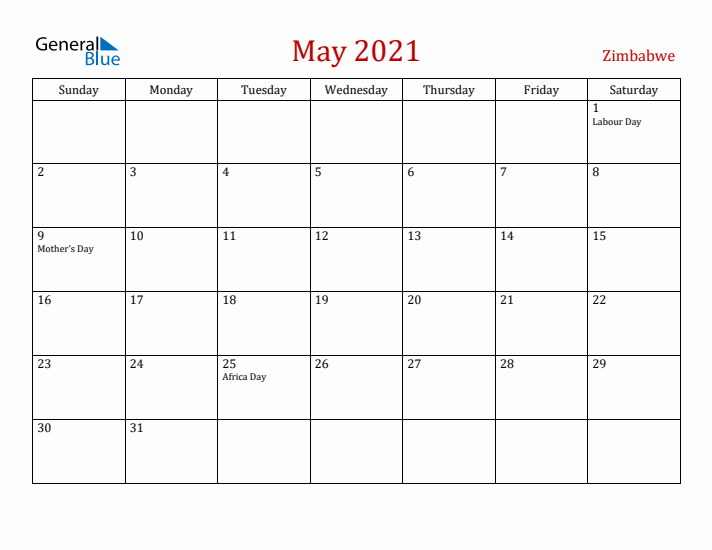 Zimbabwe May 2021 Calendar - Sunday Start