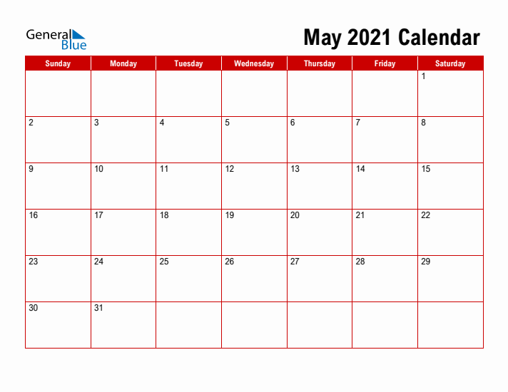 Simple Monthly Calendar - May 2021