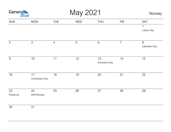 Printable May 2021 Calendar for Norway