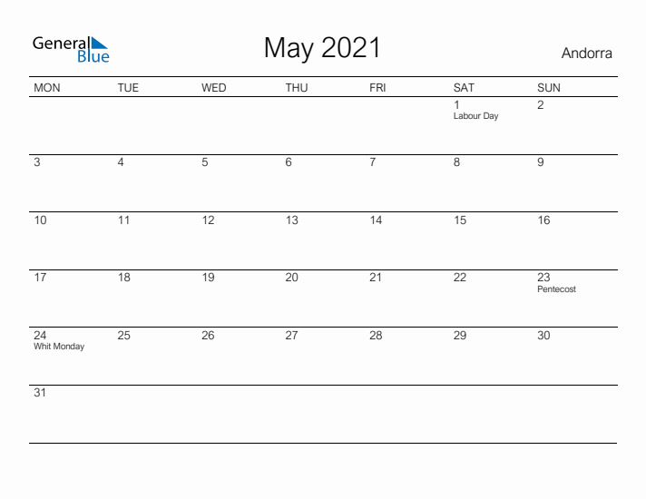 Printable May 2021 Calendar for Andorra