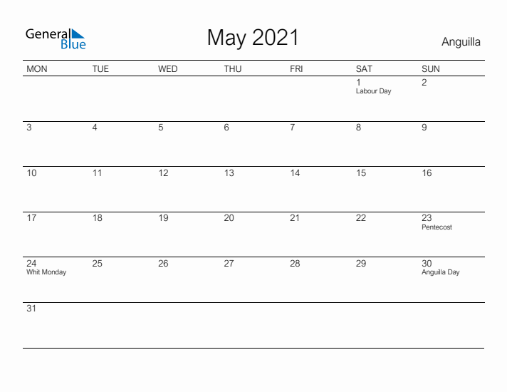 Printable May 2021 Calendar for Anguilla