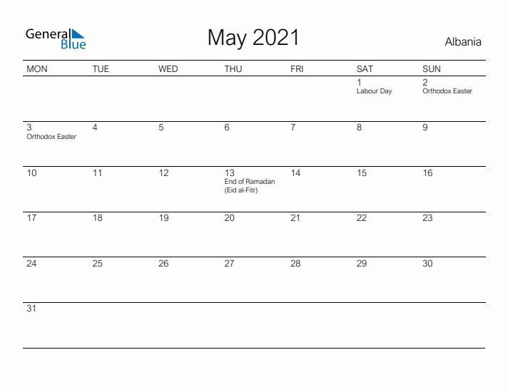Printable May 2021 Calendar for Albania