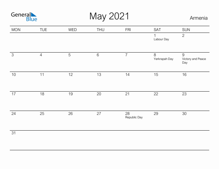 Printable May 2021 Calendar for Armenia
