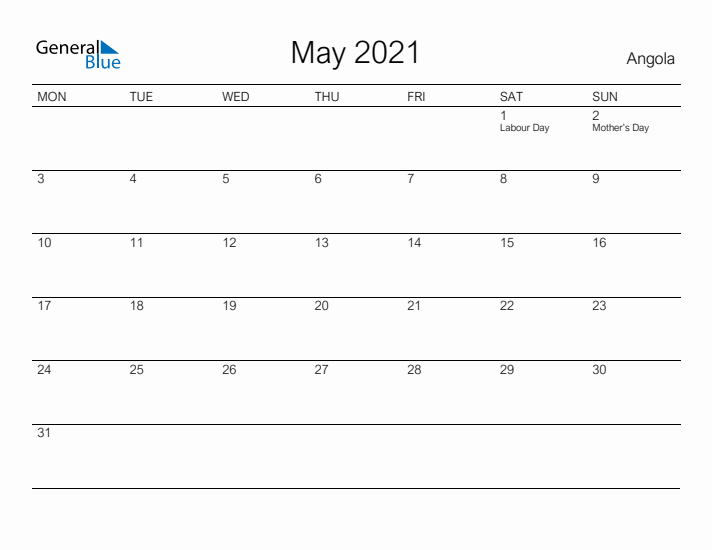 Printable May 2021 Calendar for Angola