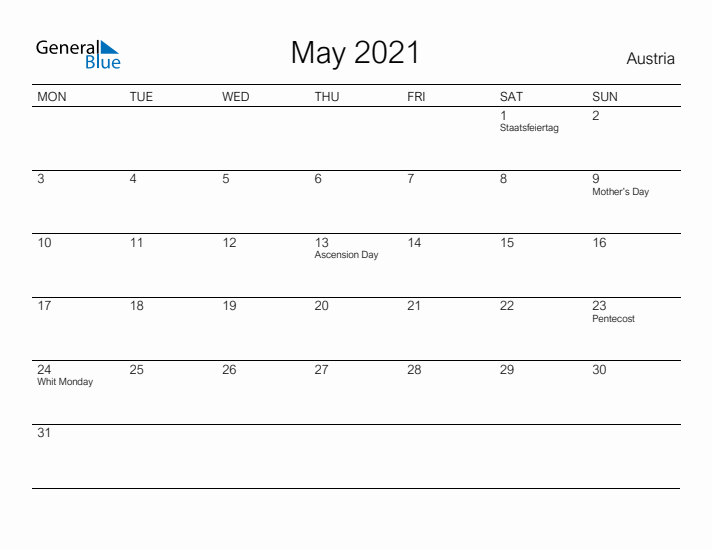 Printable May 2021 Calendar for Austria