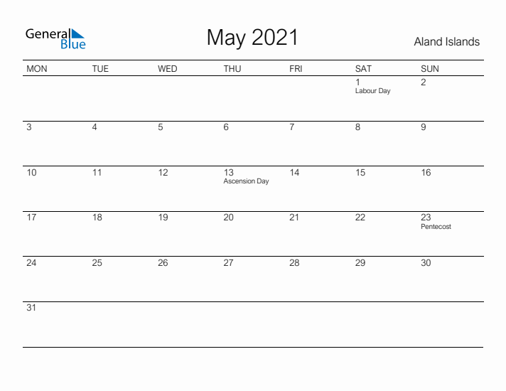 Printable May 2021 Calendar for Aland Islands
