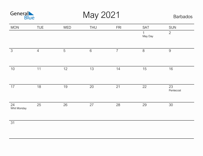 Printable May 2021 Calendar for Barbados