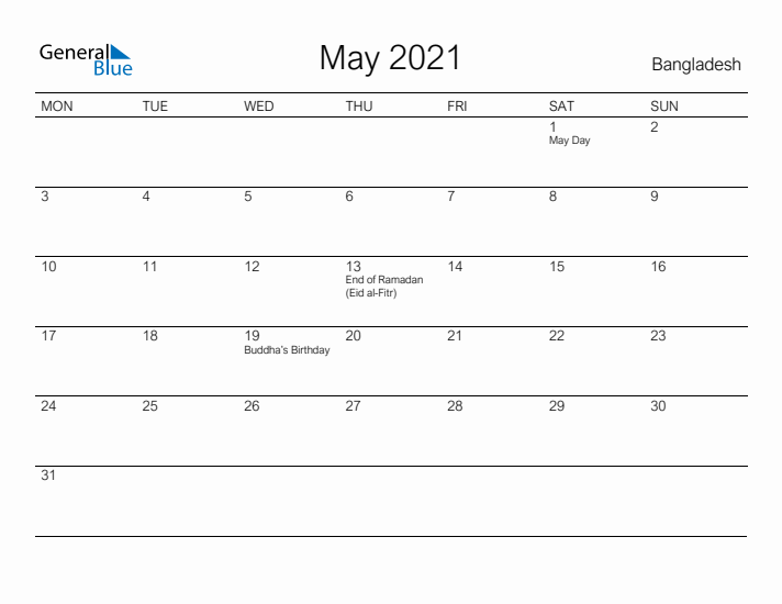 Printable May 2021 Calendar for Bangladesh