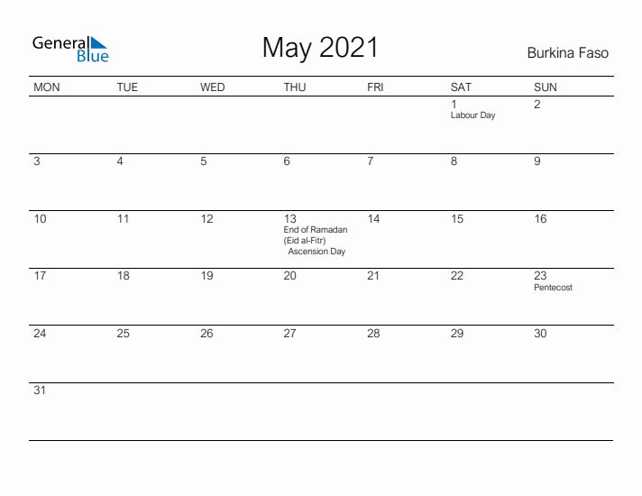 Printable May 2021 Calendar for Burkina Faso