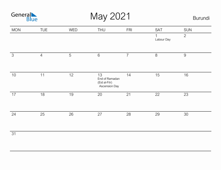 Printable May 2021 Calendar for Burundi