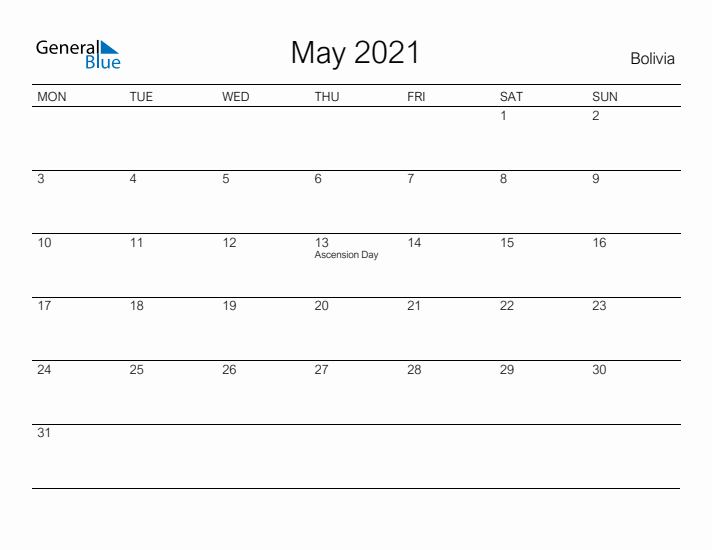 Printable May 2021 Calendar for Bolivia