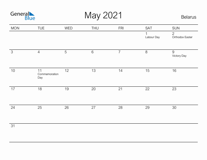 Printable May 2021 Calendar for Belarus
