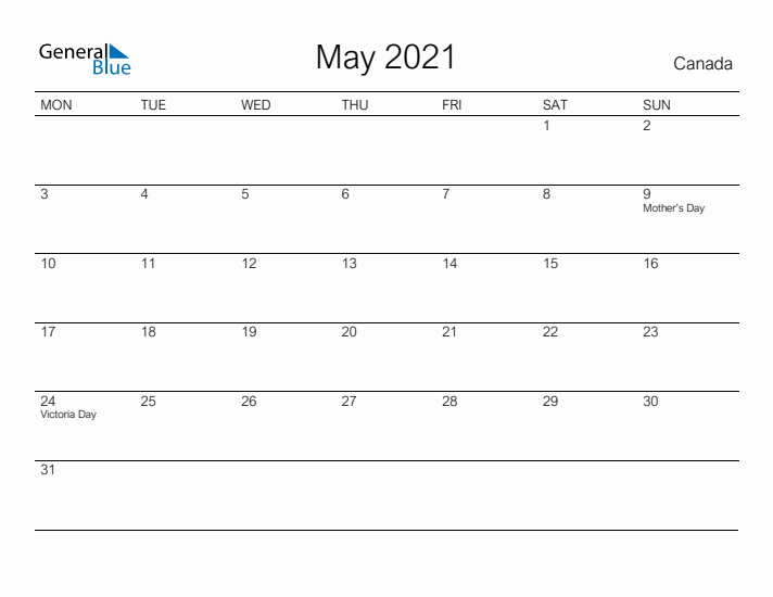 Printable May 2021 Calendar for Canada