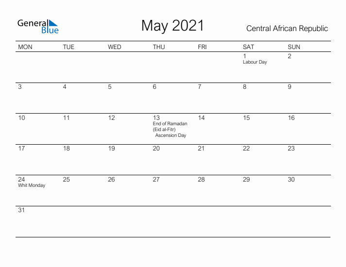 Printable May 2021 Calendar for Central African Republic