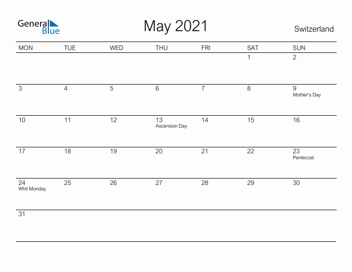 Printable May 2021 Calendar for Switzerland