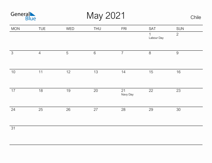 Printable May 2021 Calendar for Chile