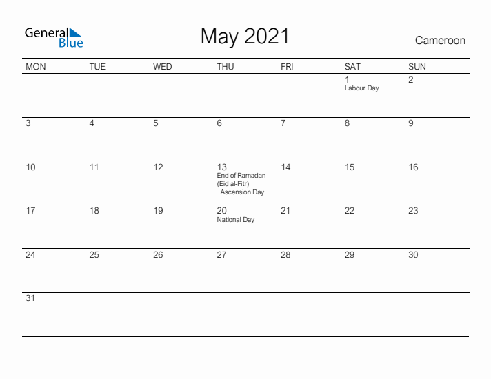 Printable May 2021 Calendar for Cameroon