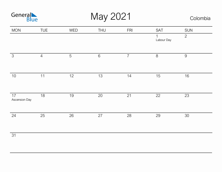 Printable May 2021 Calendar for Colombia