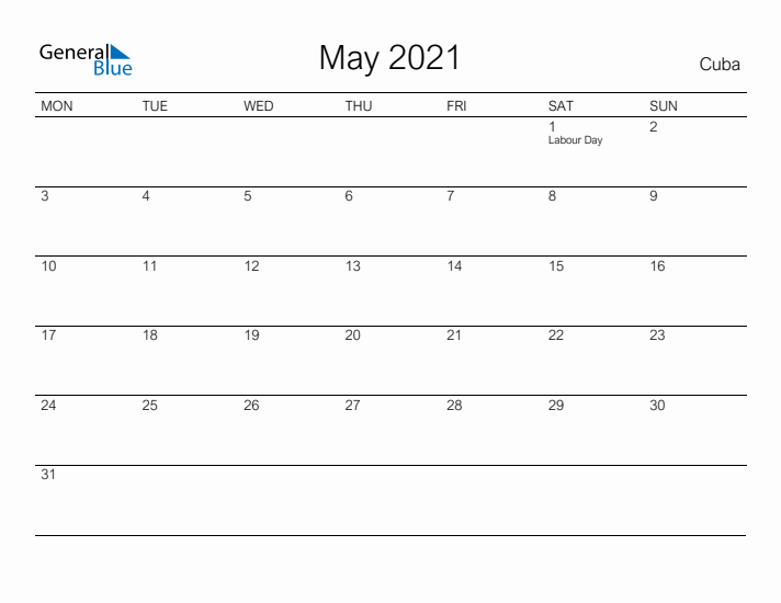 Printable May 2021 Calendar for Cuba