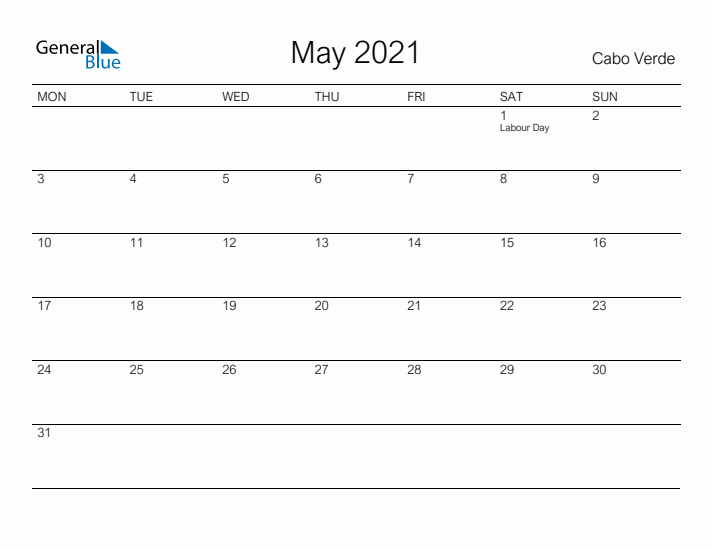 Printable May 2021 Calendar for Cabo Verde