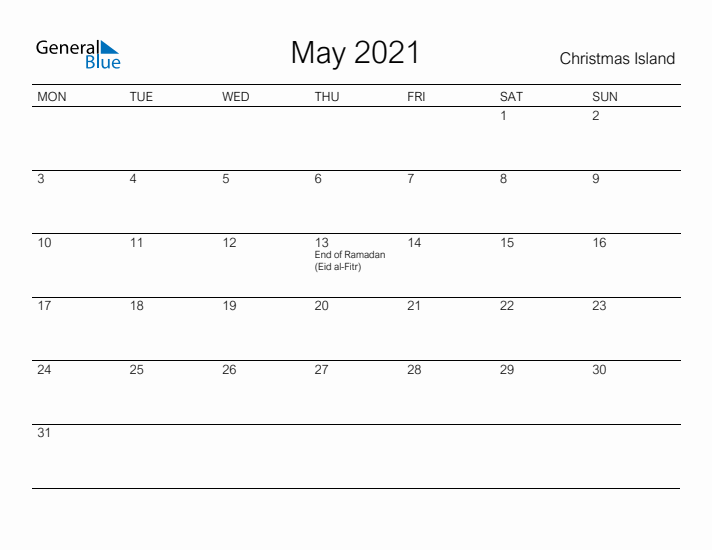 Printable May 2021 Calendar for Christmas Island