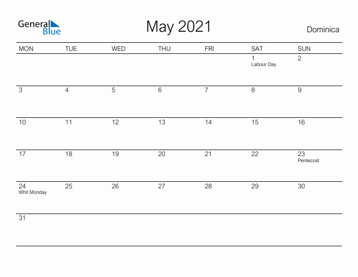 Printable May 2021 Calendar for Dominica