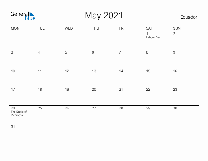 Printable May 2021 Calendar for Ecuador