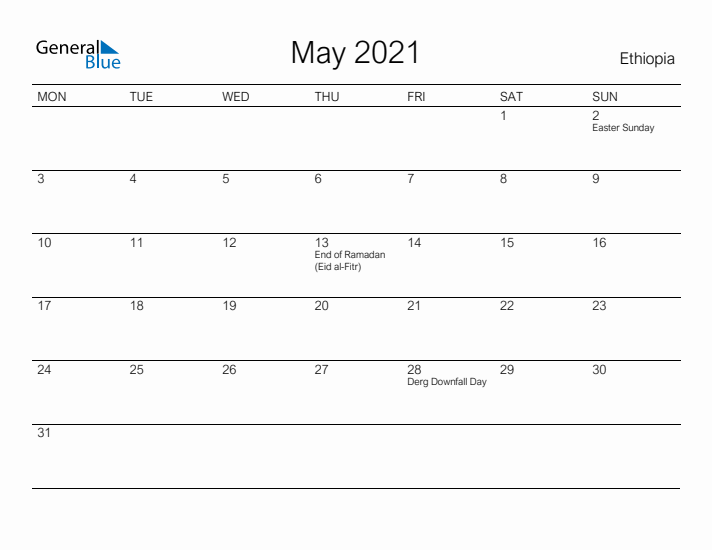 Printable May 2021 Calendar for Ethiopia