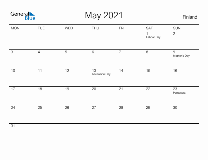 Printable May 2021 Calendar for Finland