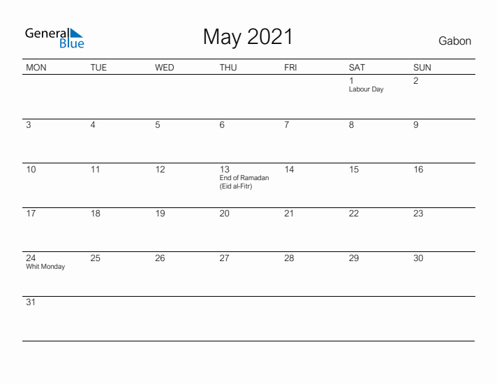 Printable May 2021 Calendar for Gabon