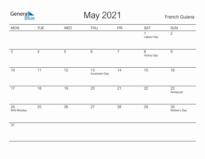 Printable May 2021 Calendar for French Guiana