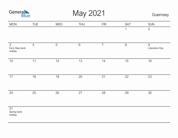 Printable May 2021 Calendar for Guernsey