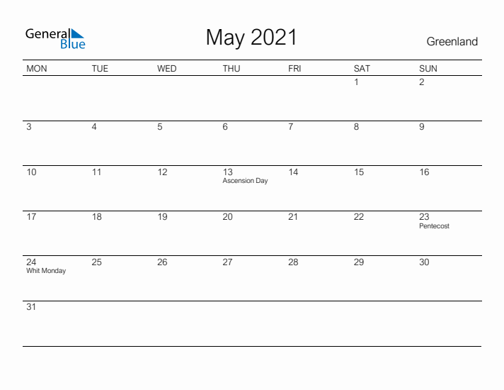 Printable May 2021 Calendar for Greenland