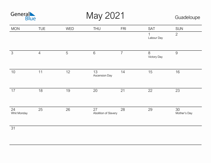 Printable May 2021 Calendar for Guadeloupe