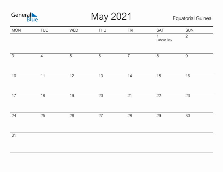 Printable May 2021 Calendar for Equatorial Guinea