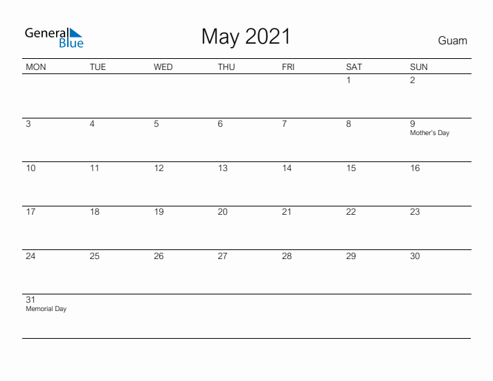 Printable May 2021 Calendar for Guam