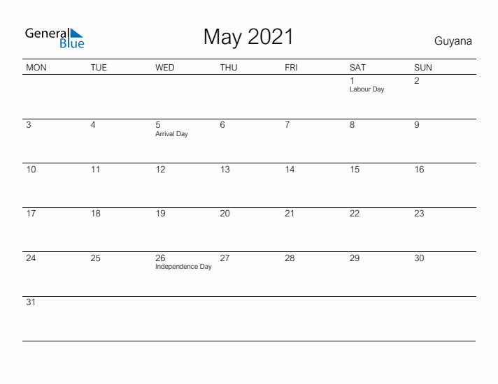 Printable May 2021 Calendar for Guyana