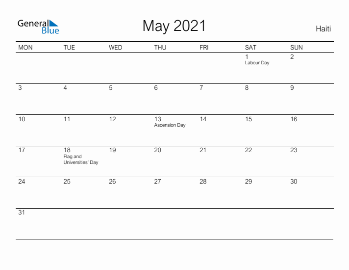 Printable May 2021 Calendar for Haiti