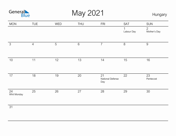 Printable May 2021 Calendar for Hungary
