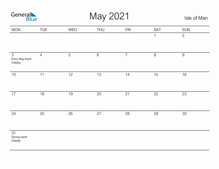 Printable May 2021 Calendar for Isle of Man