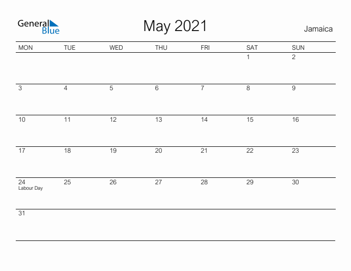 Printable May 2021 Calendar for Jamaica