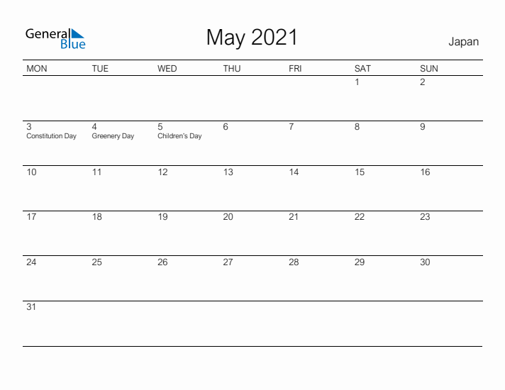 Printable May 2021 Calendar for Japan