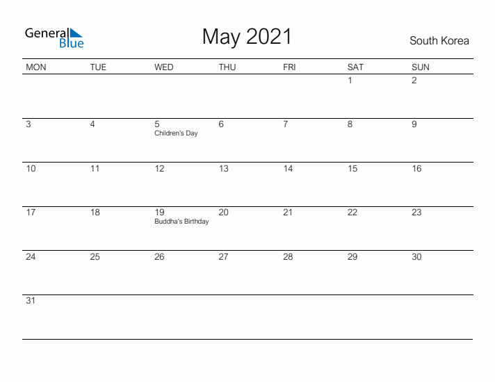 Printable May 2021 Calendar for South Korea