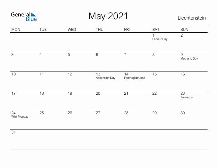 Printable May 2021 Calendar for Liechtenstein