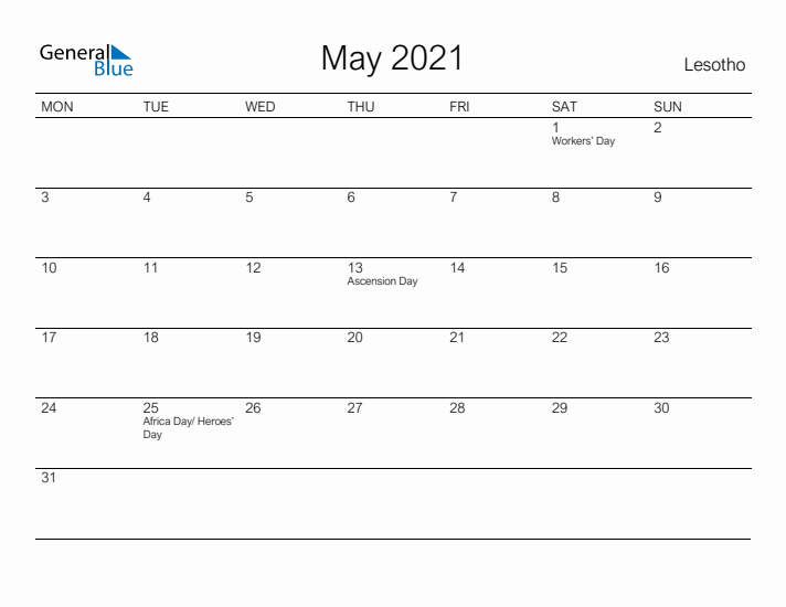Printable May 2021 Calendar for Lesotho